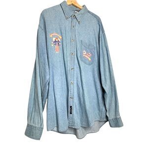 Angels Port & Company Womens Button Down Shirt Blue Long Sleeve Pocket Denim XL